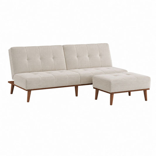 3-Sitzer Sofa Set Beige mit Hocker aus Polyester-Cord und Massivholz 200 x 82 x 83 cm
