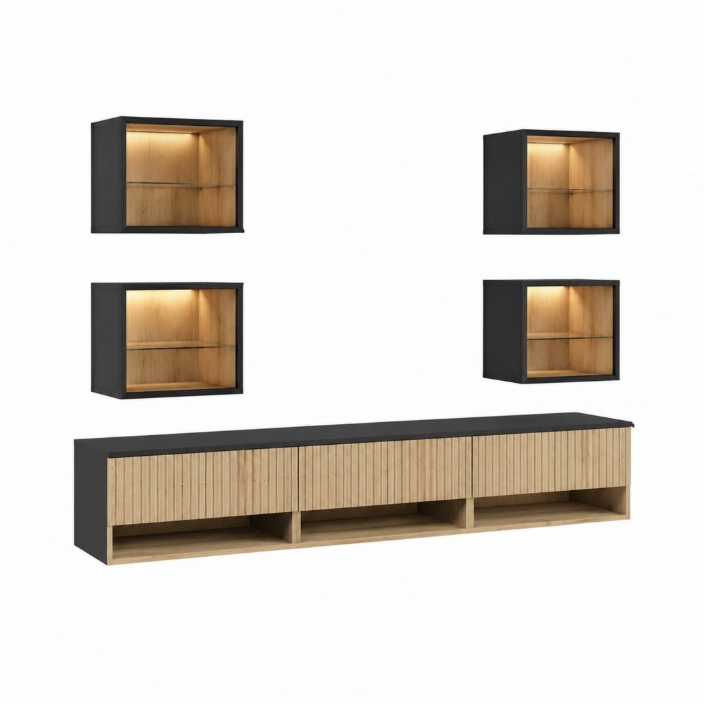TV-Wandmöbel Set Schwarz Eiche furnierte MDF rechteckig mit LED-Beleuchtung 240 x 40 x 45 cm und 4 Hängeschränken 60 x 30 x 60 cm
