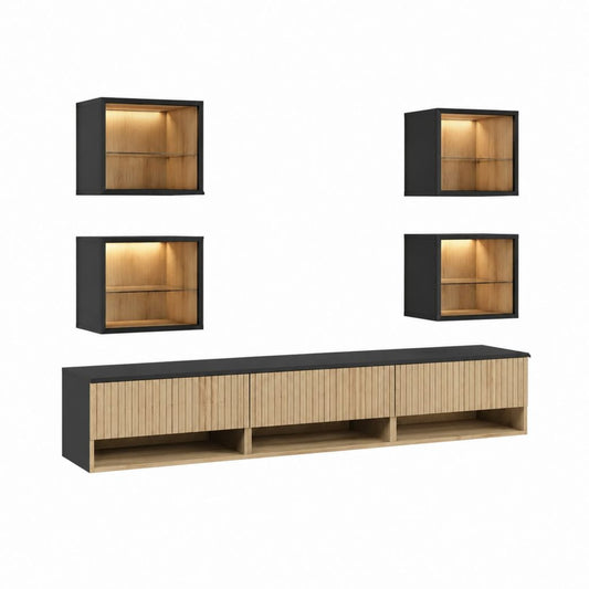 TV-Wandmöbel Set Schwarz Eiche furnierte MDF rechteckig mit LED-Beleuchtung 240 x 40 x 45 cm und 4 Hängeschränken 60 x 30 x 60 cm