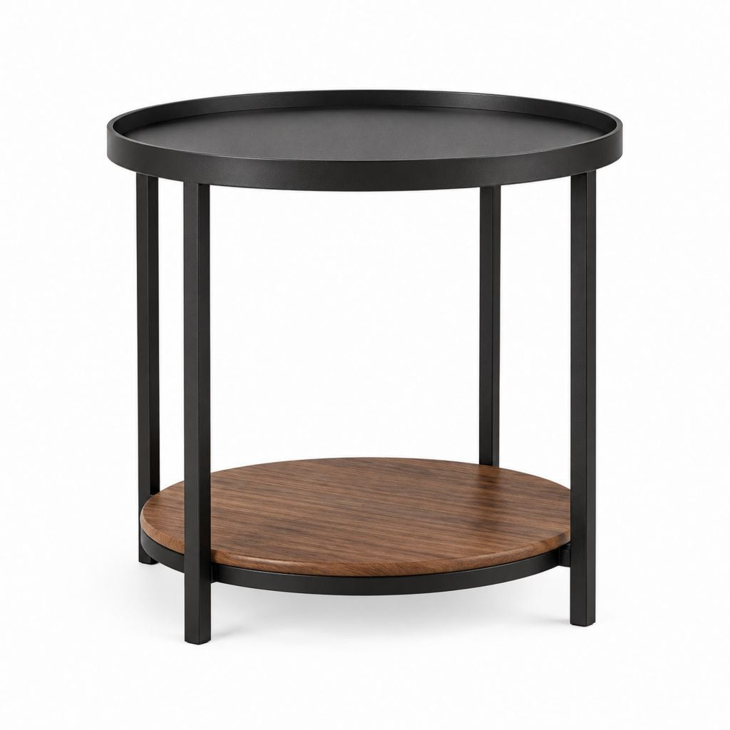 Beistelltisch rund Schwarz Stahl MDF Walnussoptik 50 x 50 x 55 cm