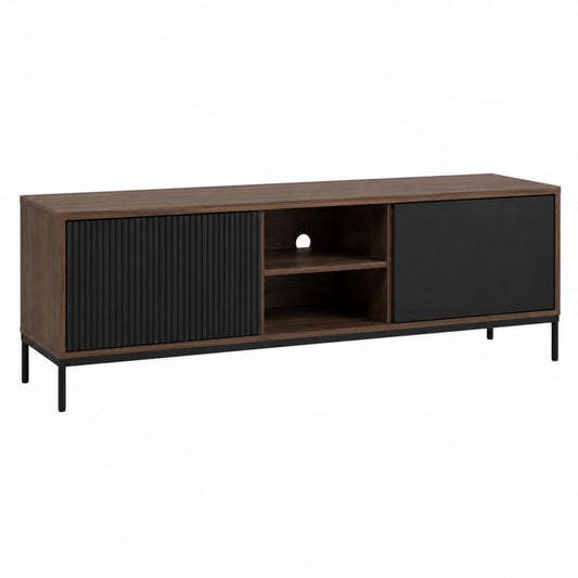 TV Lowboard Walnuss Dekor Schwarz mit Schiebetüren 160 x 40 x 55 cm