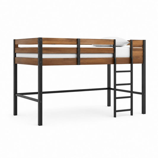 Hochbett 90 x 200 cm mit Leiter Braun Schwarz aus Stahl und MDF