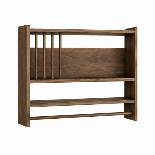 Wandregal aus massivem Walnussholz dunkelbraun rechteckig mit 2 Ablagen und Stange 60 x 15 x 55 cm