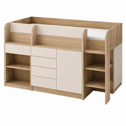 Kinderhochbett mit Schreibtisch und Stauraum Eiche-Optik Weiß Spanplatte 90 x 200 cm